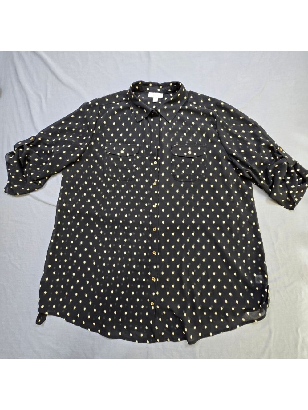 Dressbarn 2X Sheer Button-Up Shirt Black & Cream Polka Dot Lightweight